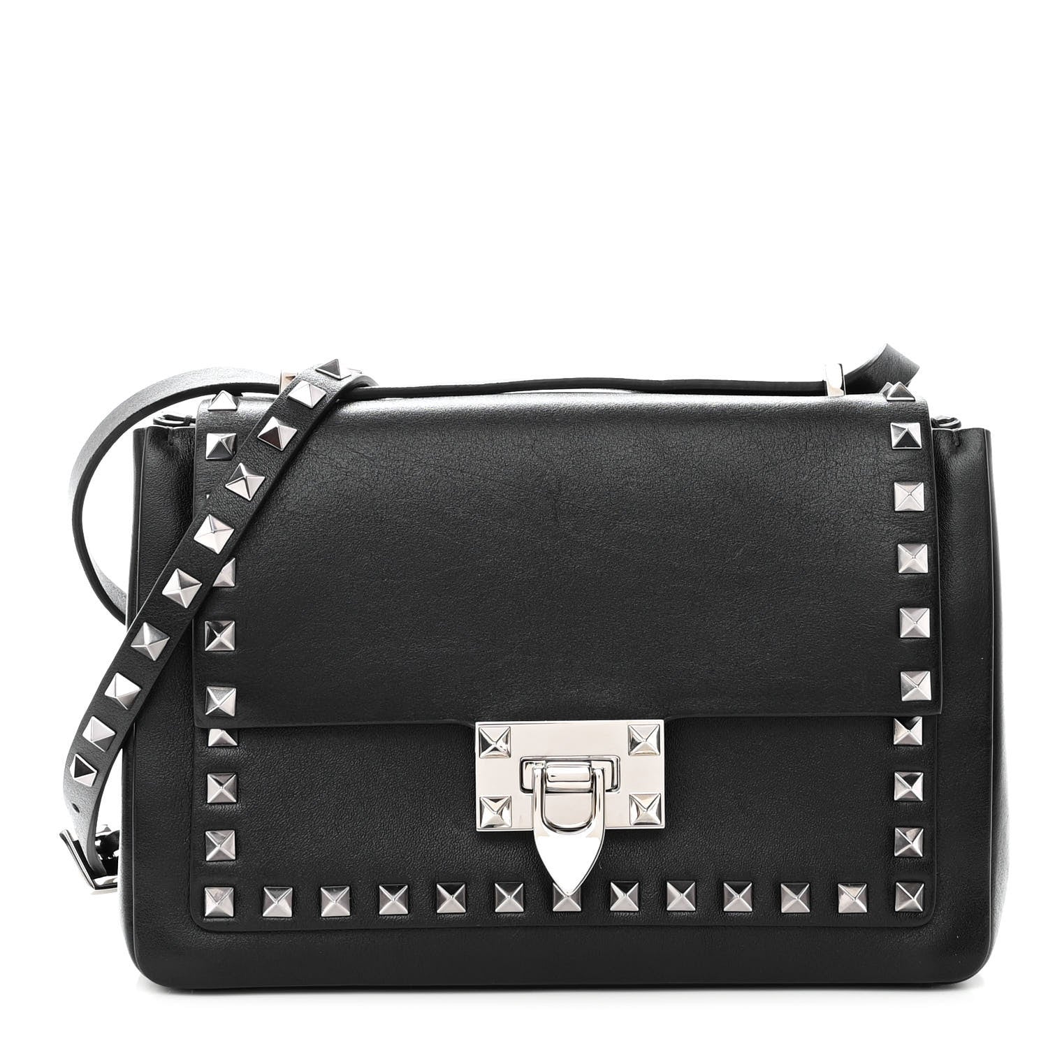 Valentino Garavani Vitello Rockstud Shoulder Flap Bag Black 1 of 8