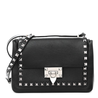 Valentino Garavani Vitello Rockstud Shoulder Flap Bag Black 1 of 8