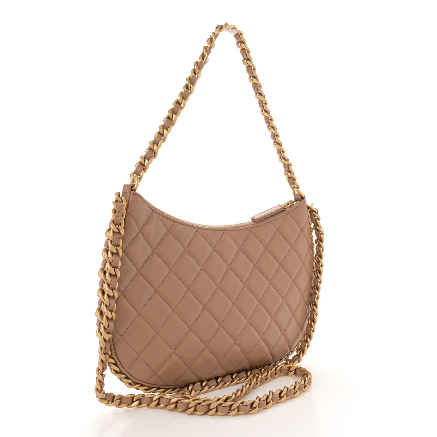 Chanel Shiny Crumpled Lambskin Quilted Large Trendy Chain Around Hobo Dark Beige 3 of 10