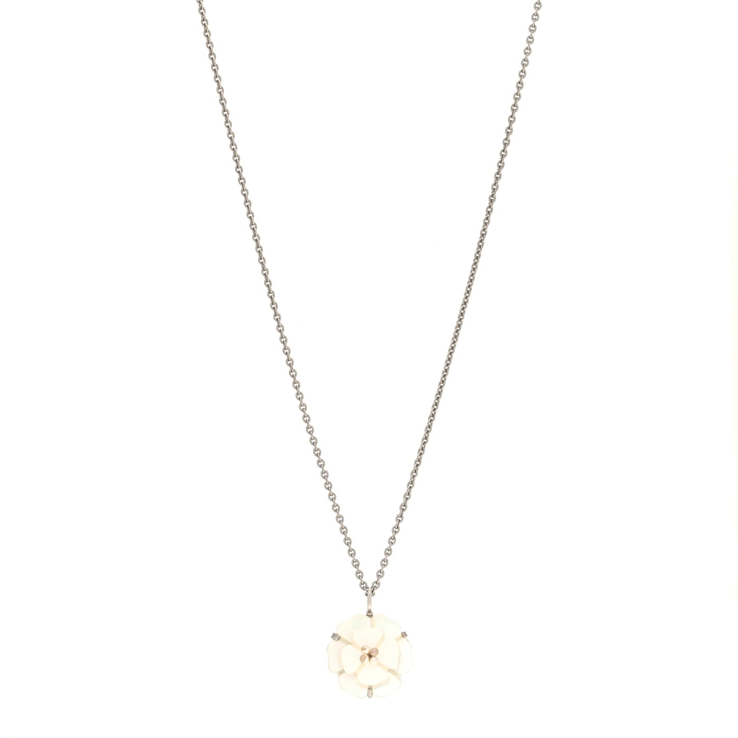 Mother of Pearl Camellia Pendant Necklace Silver White
