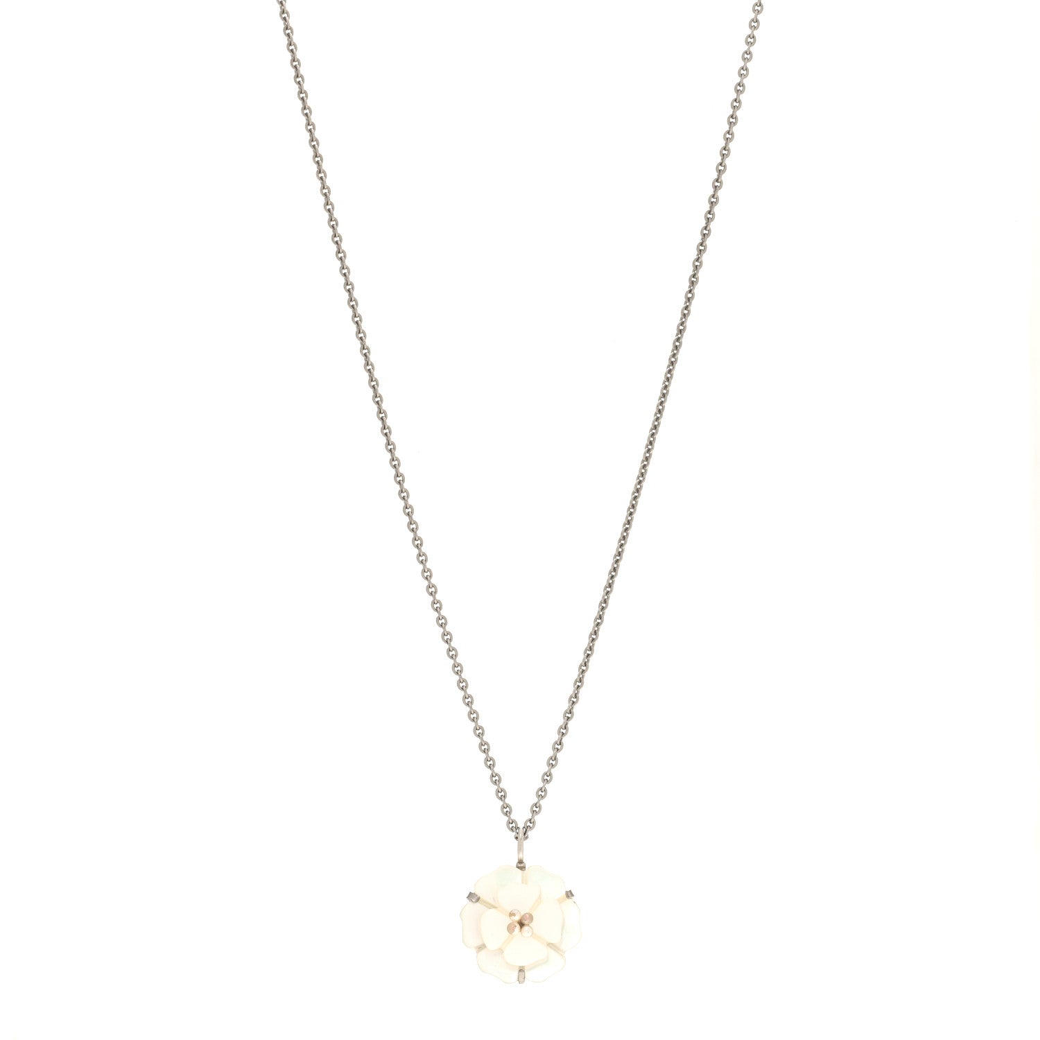 Chanel Mother of Pearl Camellia Pendant Necklace Silver White 1 of 6
