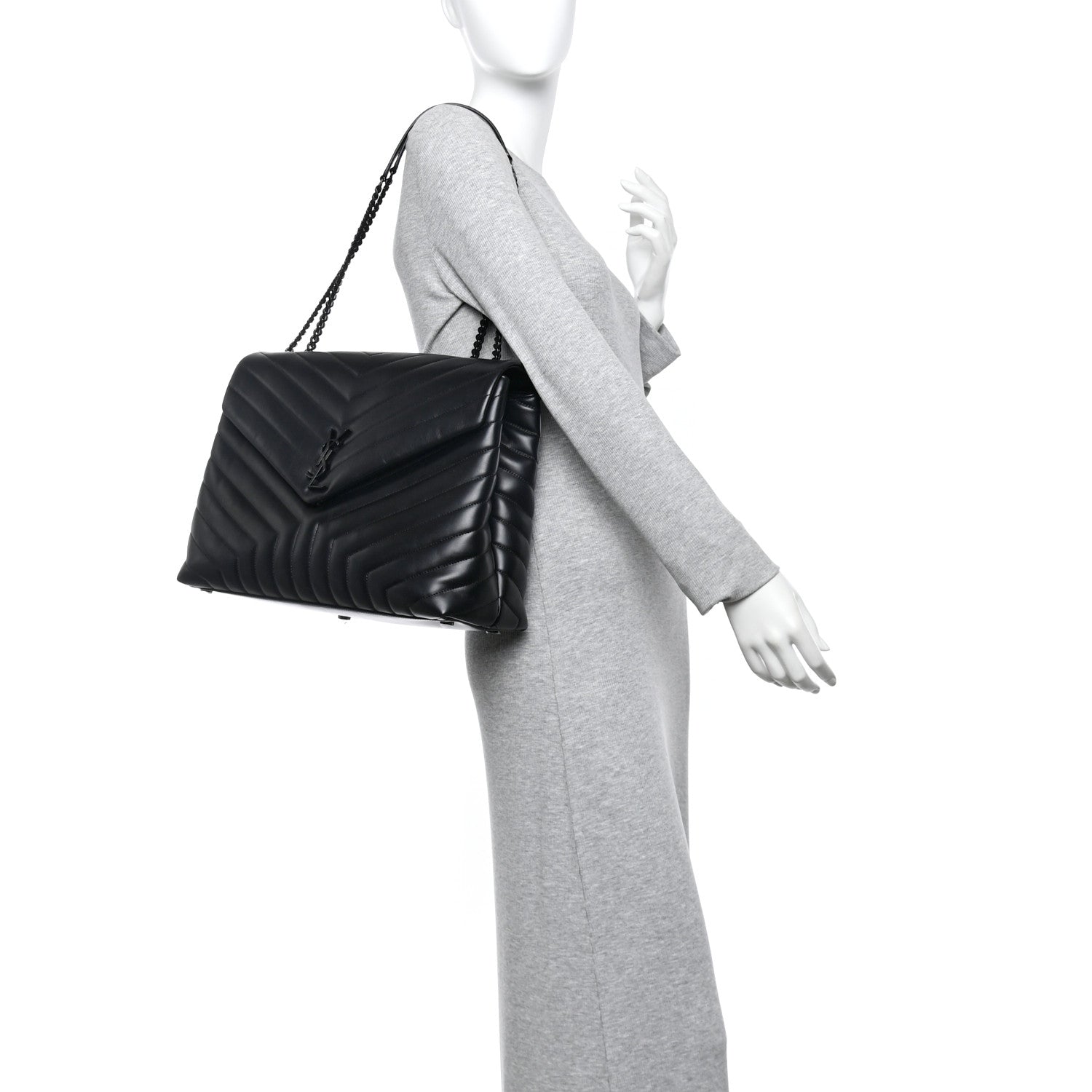 Saint Laurent Calfskin Y Quilted Monogram Monochrome Large Loulou Chain Satchel Black 2 of 11