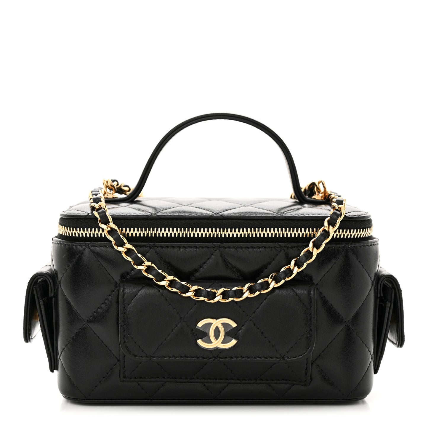 Lambskin Quilted Polly Pocket East West Top Vanity With Chain Black
