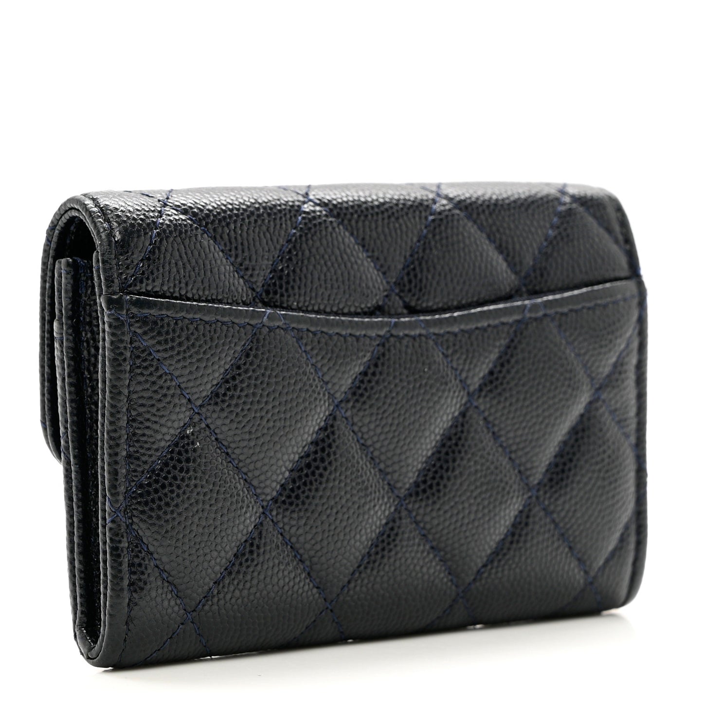Caviar Quilted Flap Card Holder Wallet Navy Blue
