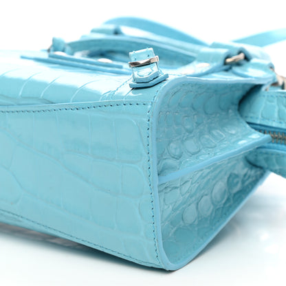 Balenciaga Calfskin Crocodile Embossed Neo Classic Silver Hardware Nano City Crossbody Azur 8 of 9