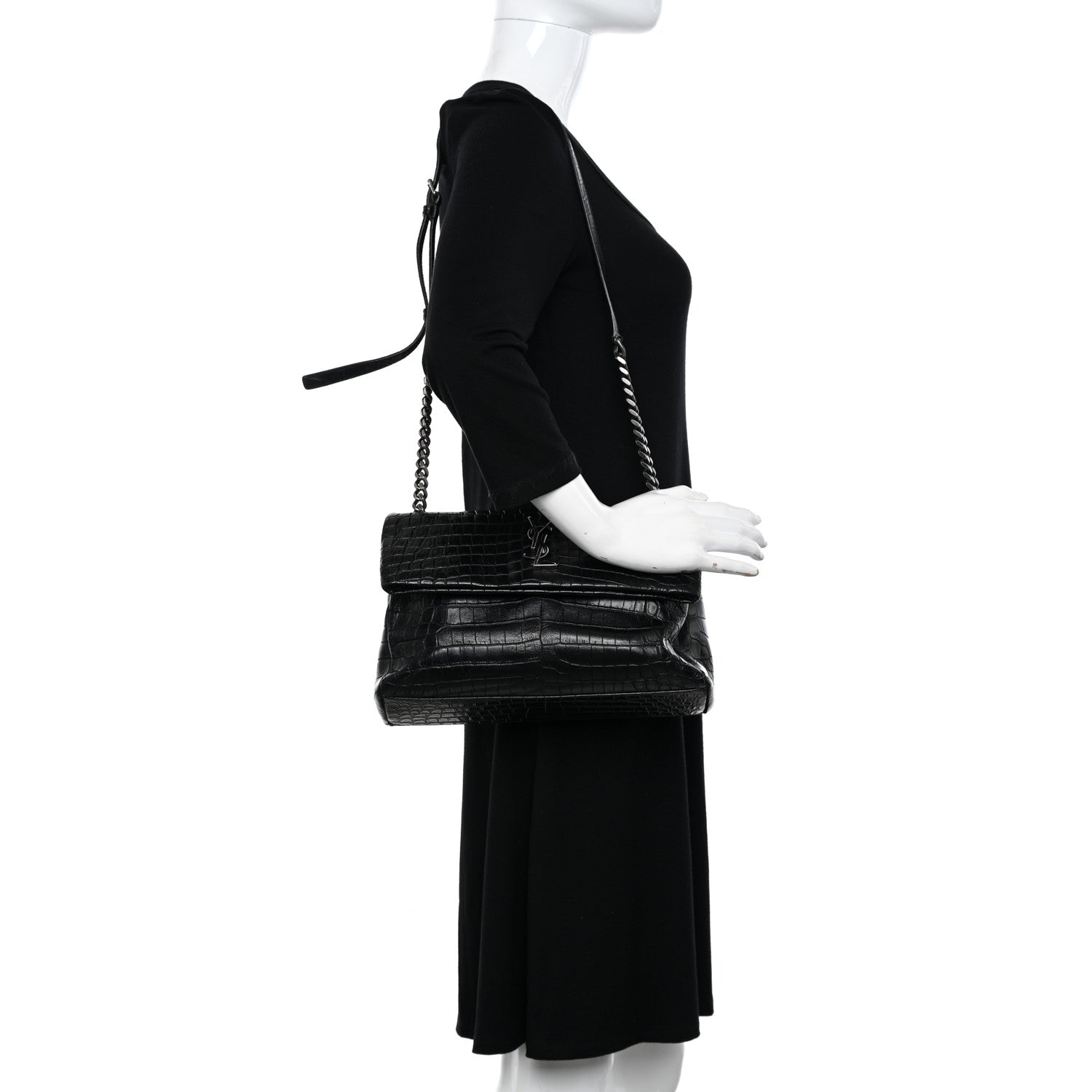Saint Laurent Calfskin Crocodile Embossed Medium West Hollywood Monogram Fold-Over Black 2 of 10