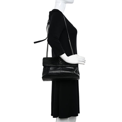 Saint Laurent Calfskin Crocodile Embossed Medium West Hollywood Monogram Fold-Over Black 2 of 10