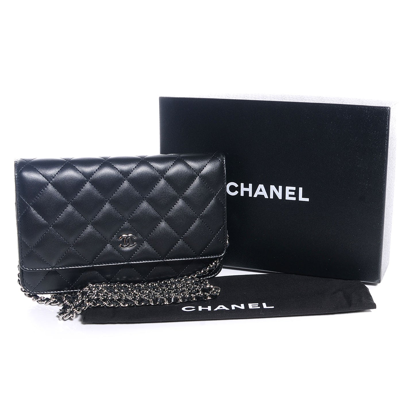 Lambskin Quilted Wallet On Chain Black