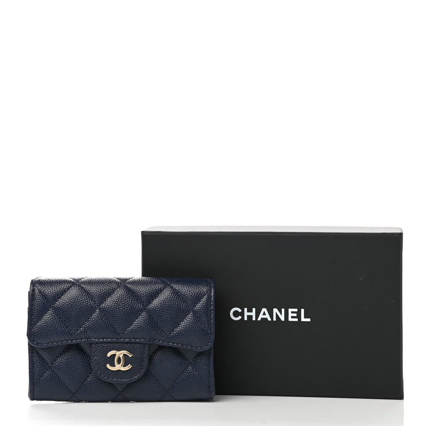 Caviar Quilted Flap Card Holder Wallet Navy