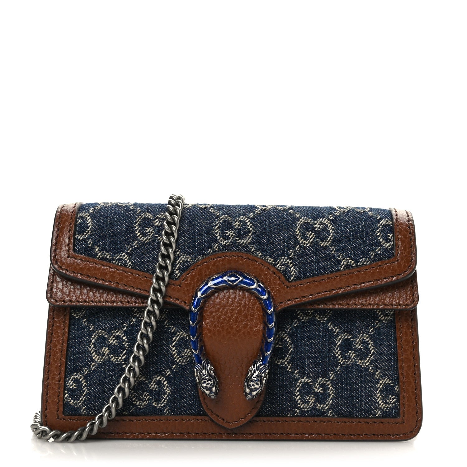 Gucci New Denim GG Monogram Dollar Calfskin Enamel Super Mini Dionysus Shoulder Bag Blue Tea Cuir Epilog Electric Blue 1 of 8