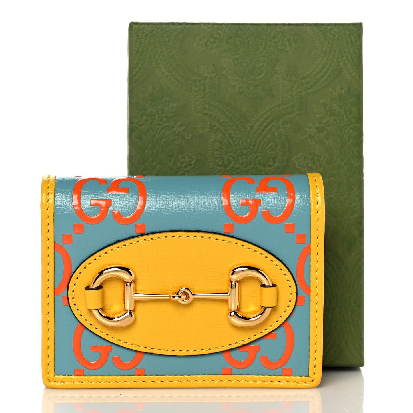 Azalea Calfskin GG Monogram Bi-Color Debossed Horsebit 1955 Card Case Wallet Dusty Azure Stone Topaz Deep Orange