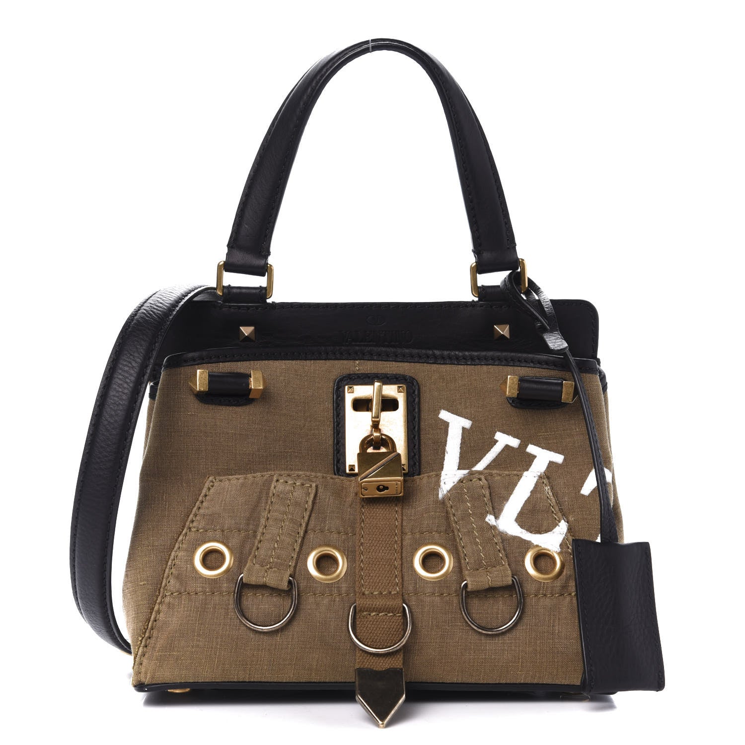 Valentino Garavani Calfskin Cotton Canvas VLTN Print Small Joylock Satchel Green 1 of 14