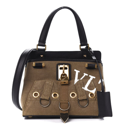 Valentino Garavani Calfskin Cotton Canvas VLTN Print Small Joylock Satchel Green 1 of 14