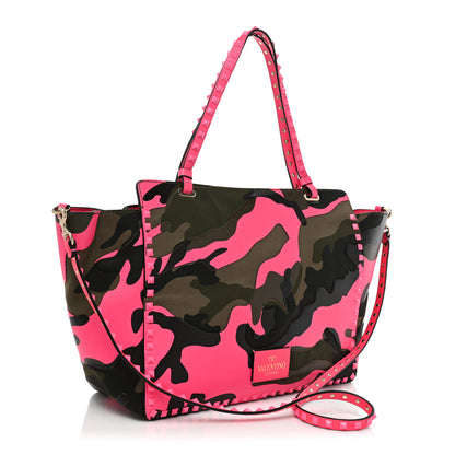 Valentino Garavani Nappa Canvas Camouflage Medium Rockstud Tote Fuxia Fluo 2 of 13