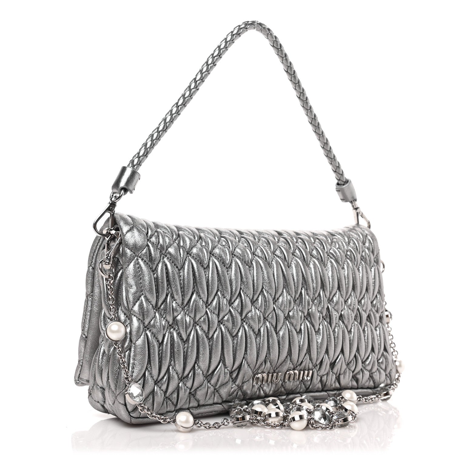 Miu Miu Metallic Nappa Matelasse Crystal Flap Clutch Cromo 3 of 9