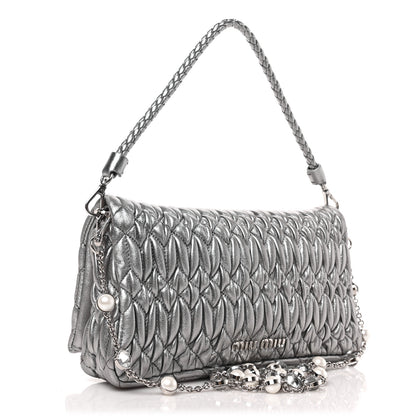 Miu Miu Metallic Nappa Matelasse Crystal Flap Clutch Cromo 3 of 9