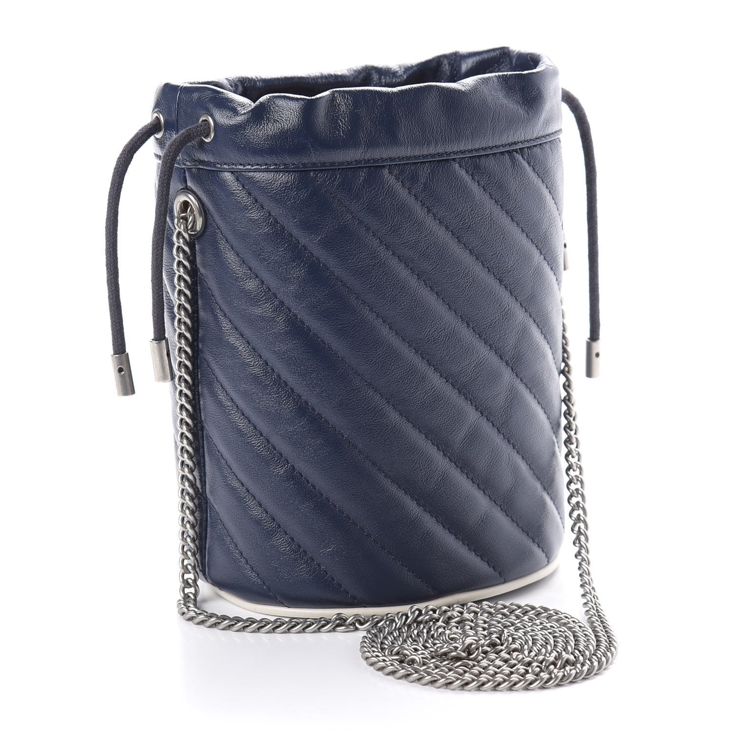 Vintage Effect Calfskin Matelasse Diagonal Mini Torchon GG Marmont 2.0 Bucket Bag Blue Agata Mystic White
