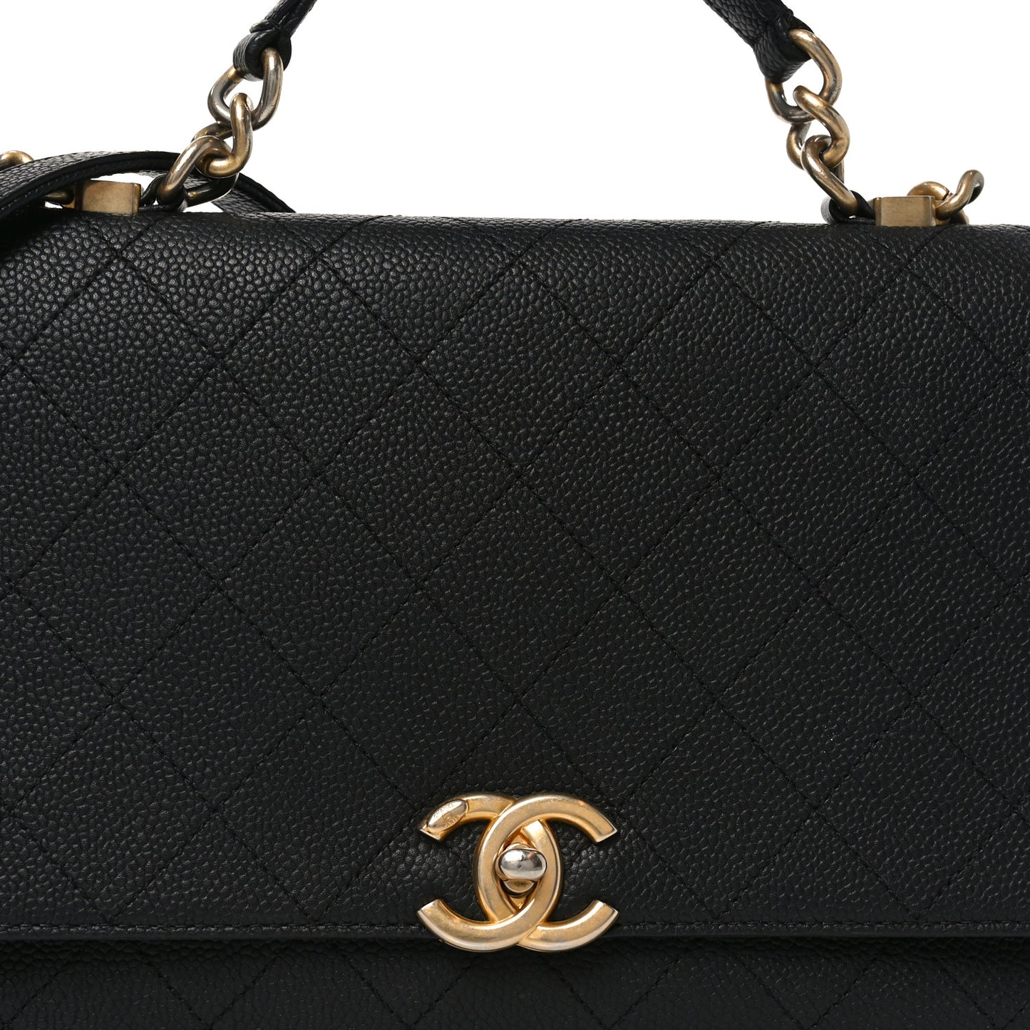 Caviar Diamond Stitched Top Handle Flap Black