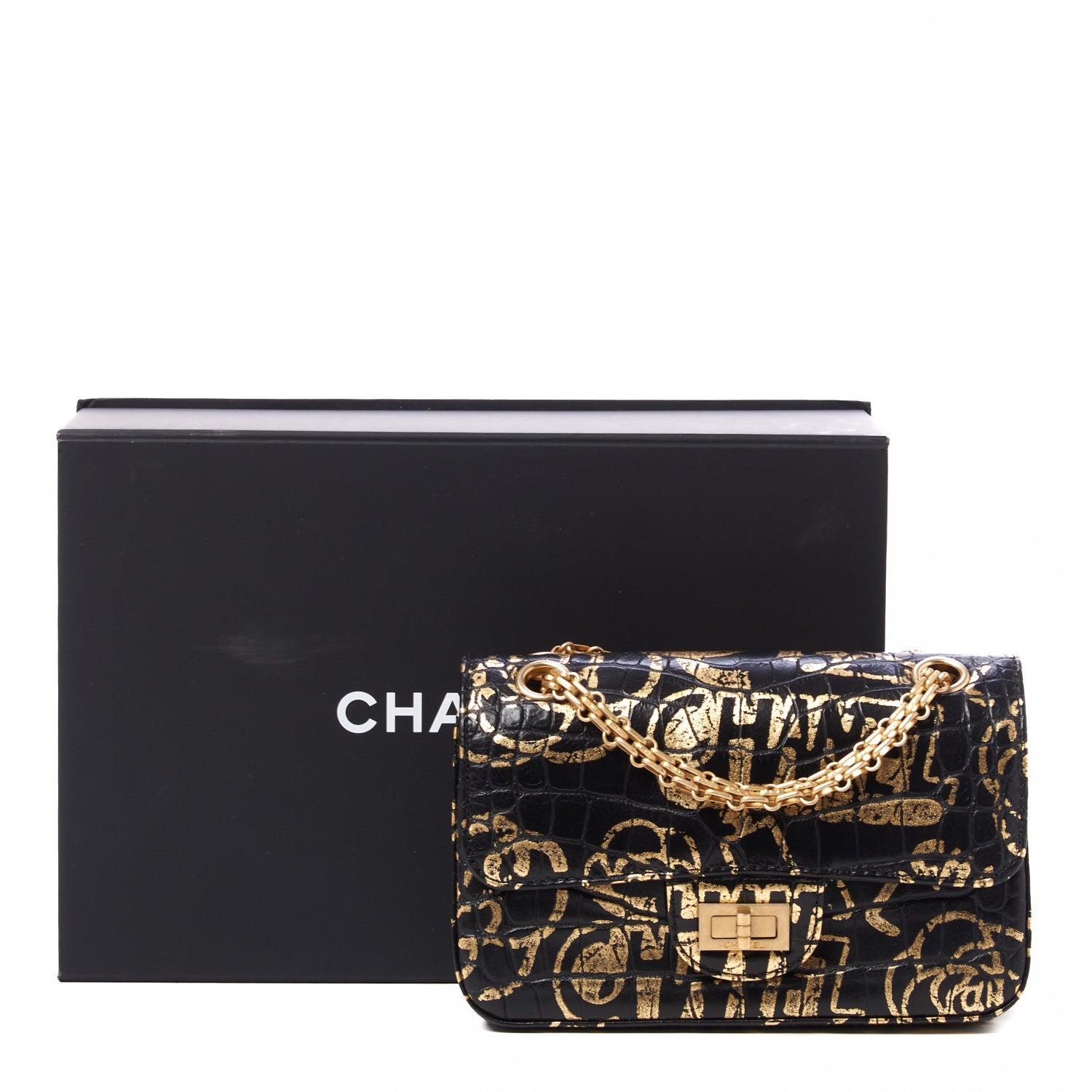 Chanel Calfskin Crocodile Embossed Graffiti 2.55 Mini Cocodile Reissue Flap Black Gold 11 of 11