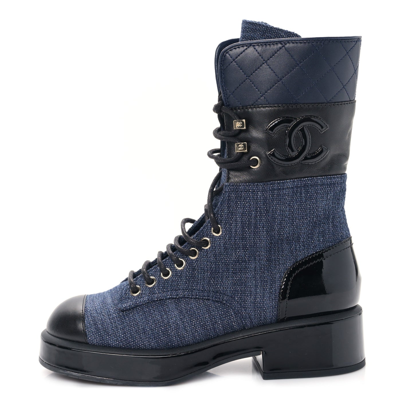 Denim Patent Lambskin Quilted CC Lace Up Combat Boots 36.5 Blue Black