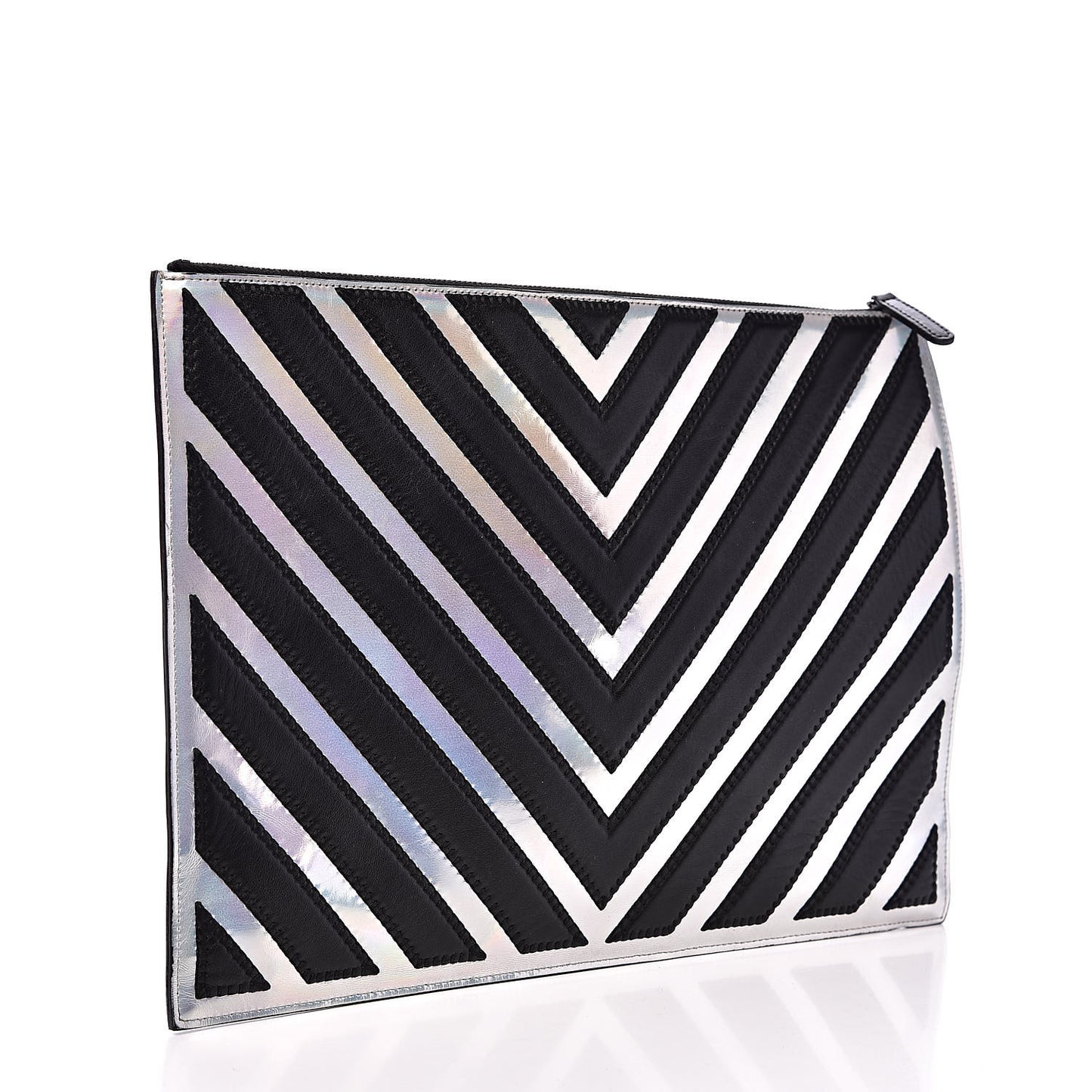 Lambskin Metallic Chevron Zip Pouch Black Silver