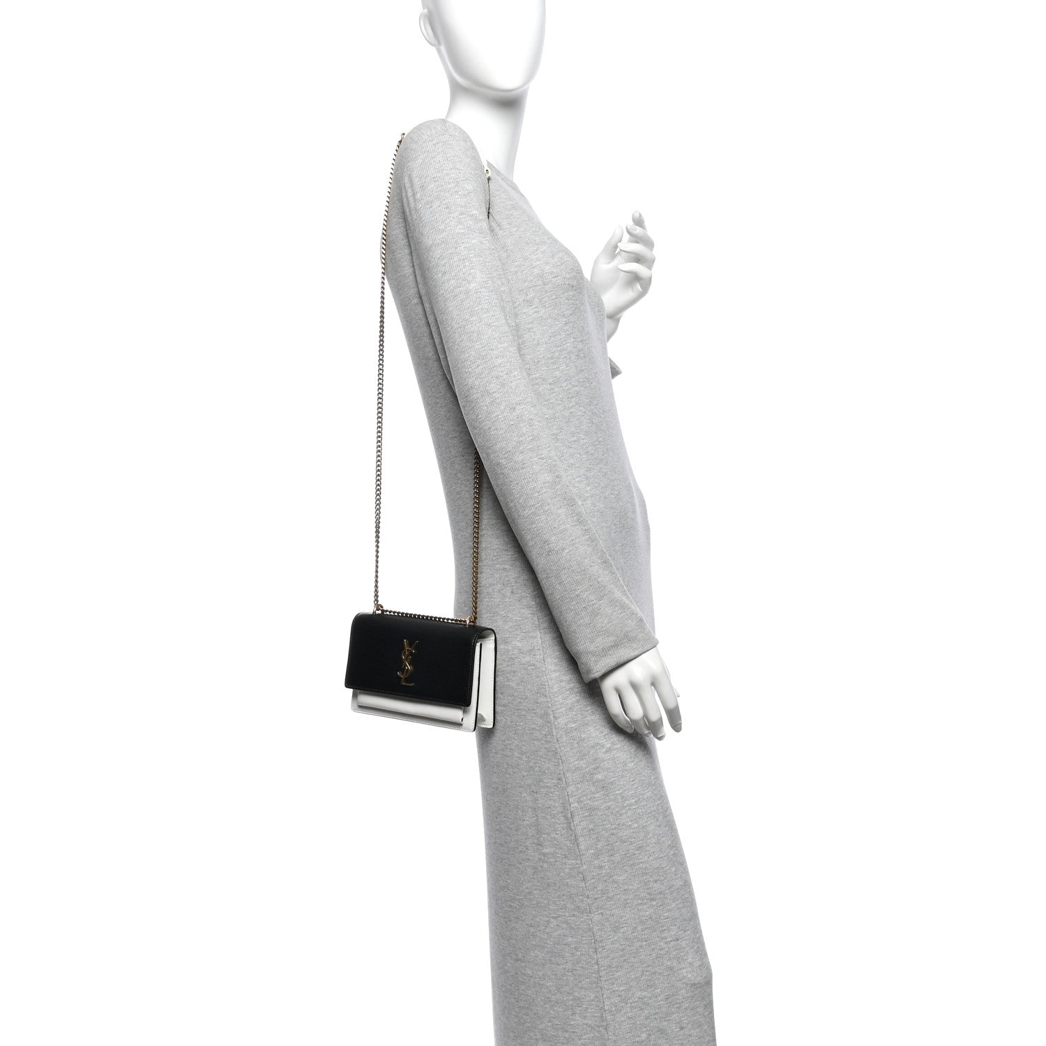 Saint Laurent New Aspen Calfskin Bi-Color Monogram Sunset Chain Wallet  Black Dirty White 2 of 13