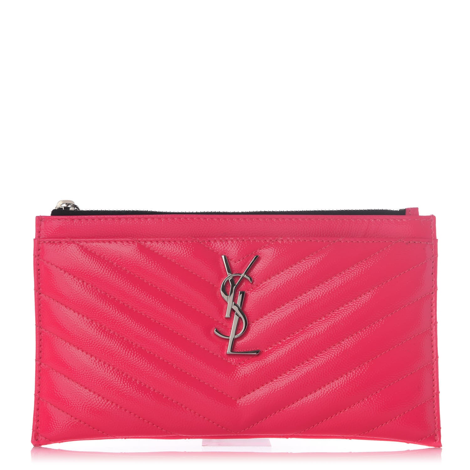 Saint Laurent Patent Grain De Poudre Matelasse Chevron Monogram Bill Pouch Neon Pink 1 of 7