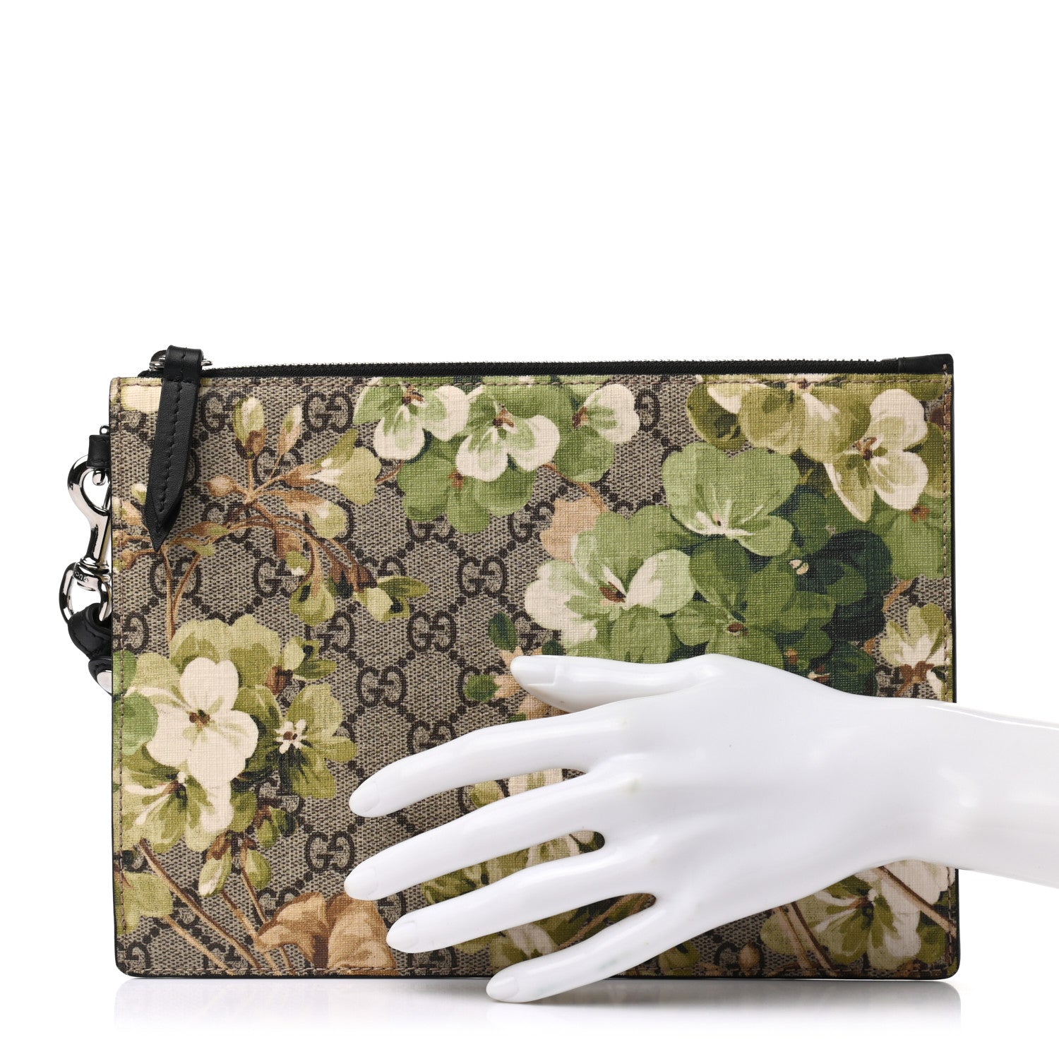 Gucci GG Supreme Monogram Blooms Small Zip Wristlet Pouch Beige New Military Black 2 of 6