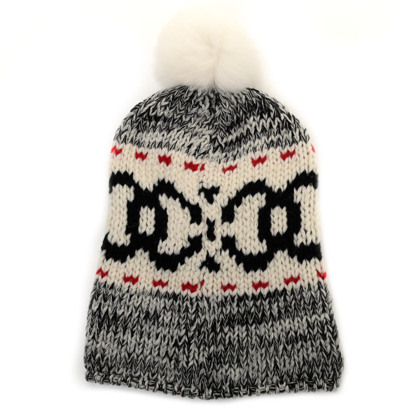 Wool Shearling CC Beanie Hat Ivory Black Red