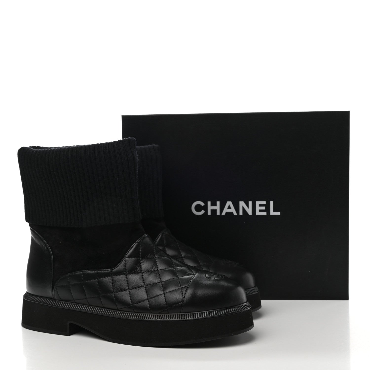 Chanel Suede Lambskin Calfskin Knit Womens Ankle Boots 40 Black 8 of 8