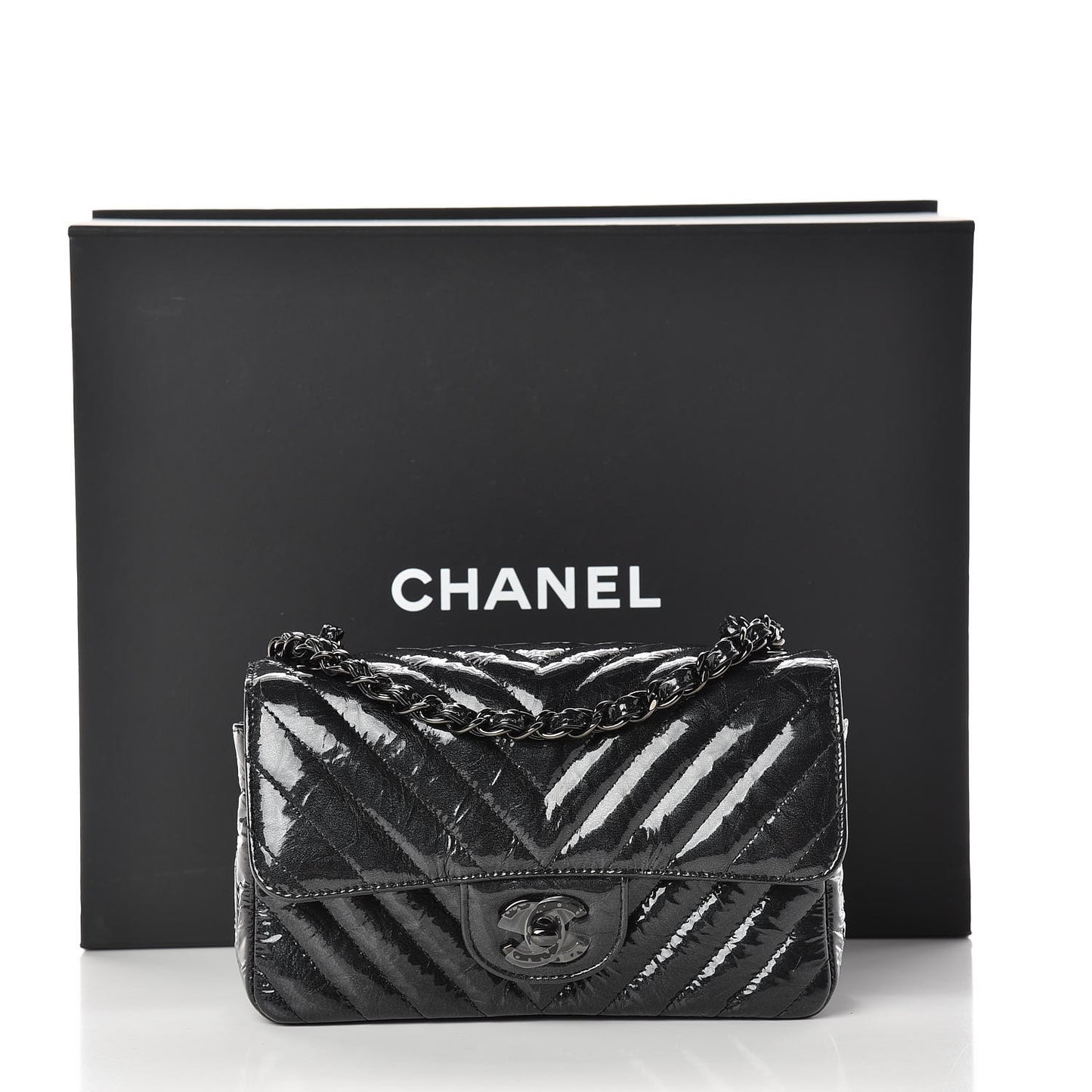 Patent Metallic Crumpled Calfskin Chevron Quilted Mini Rectangular Flap So Black
