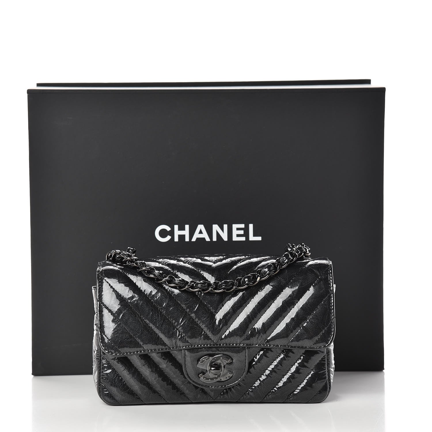 Chanel Patent Metallic Crumpled Calfskin Chevron Quilted Mini Rectangular Flap So Black 14 of 14