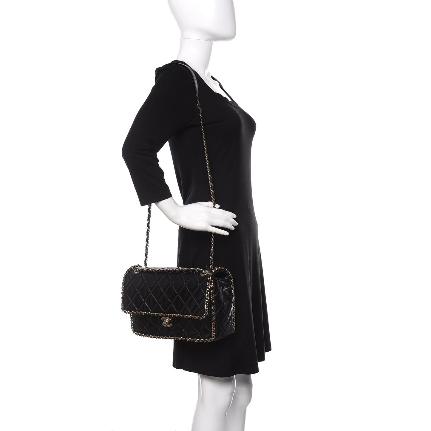 Crumpled Calfskin Quilted Large Chain All Over Flap Bag Black