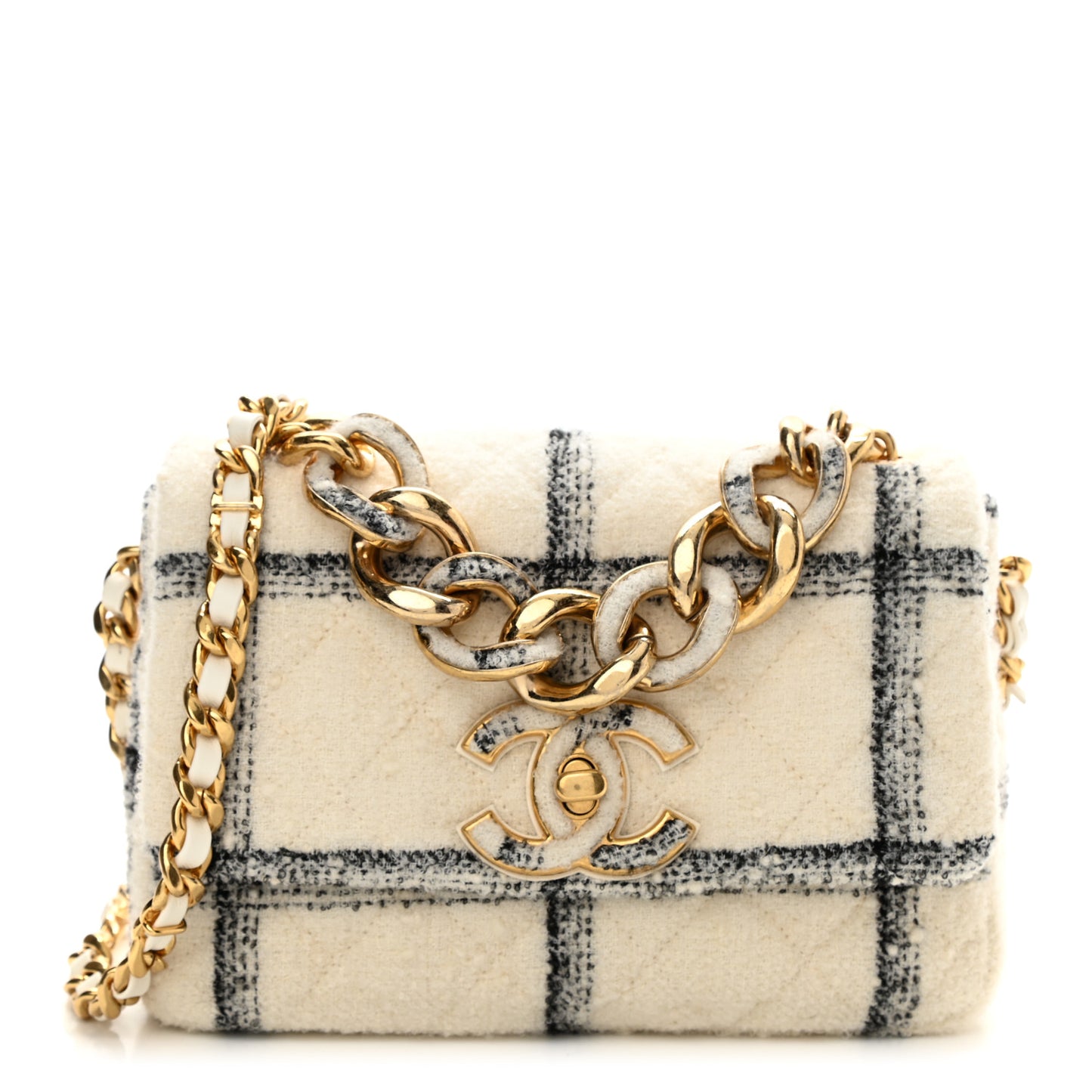 Wool Tweed Quilted Small Elegant Chain Flap White