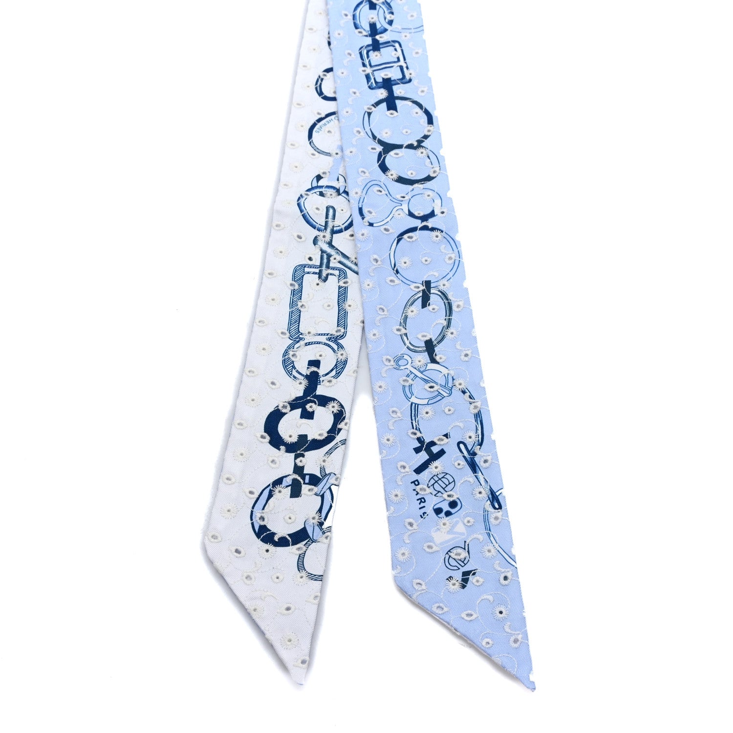 Hermes Silk Embroidered Do Re Boucles Broderie Anglaise Twilly Bleu White Marine 2 of 3