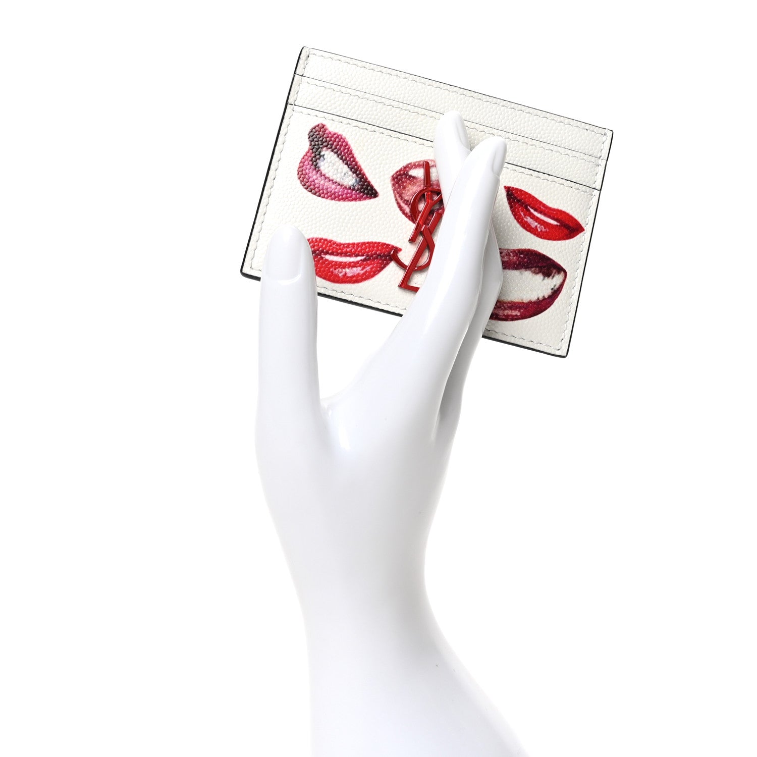 Saint Laurent Grain De Poudre Lips Print Monogram Card Holder White Red 2 of 8