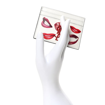Saint Laurent Grain De Poudre Lips Print Monogram Card Holder White Red 2 of 8