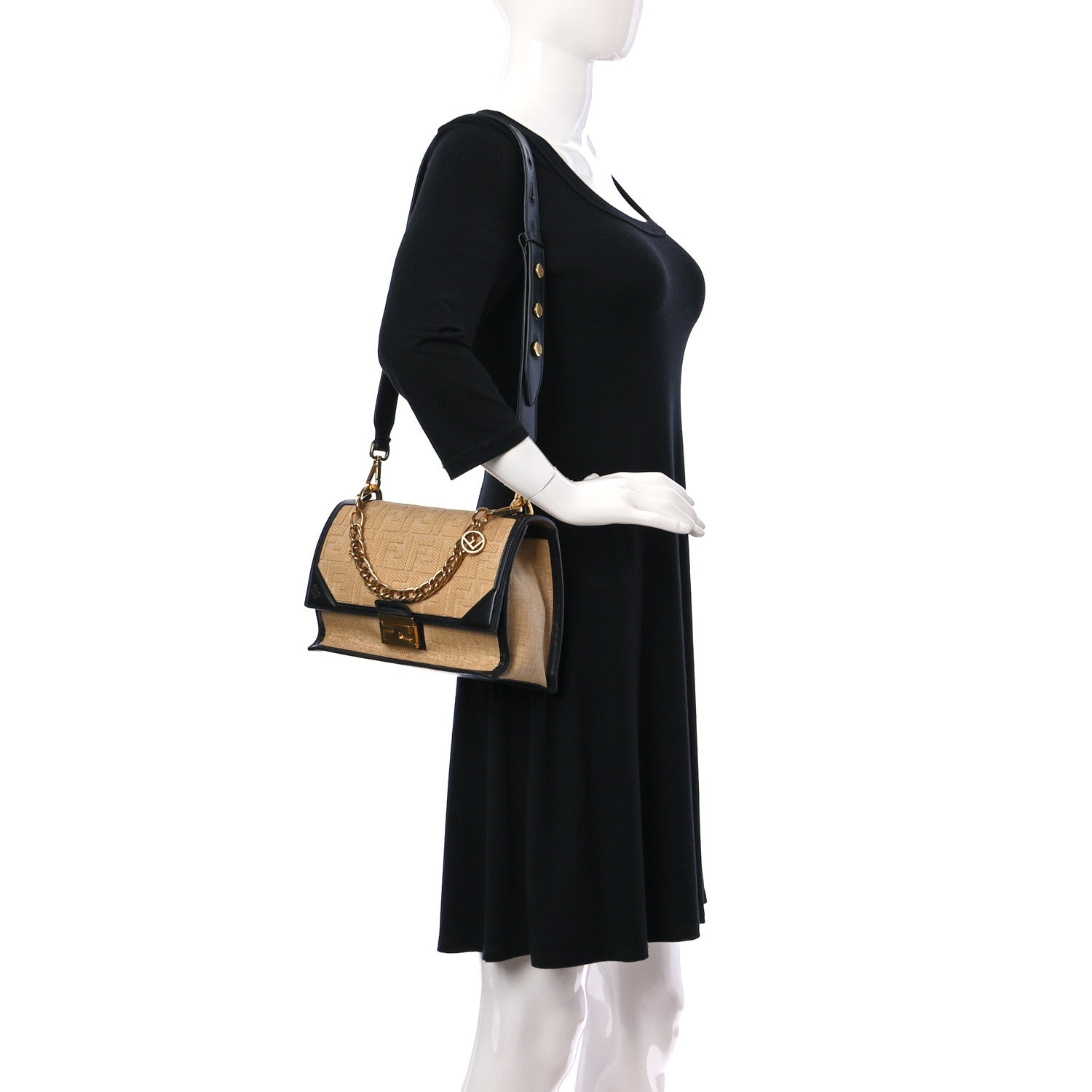 Fendi Raffia Calfskin F is Fendi FF Embroidered Kan U Shoulder Bag Grano Black 2 of 9