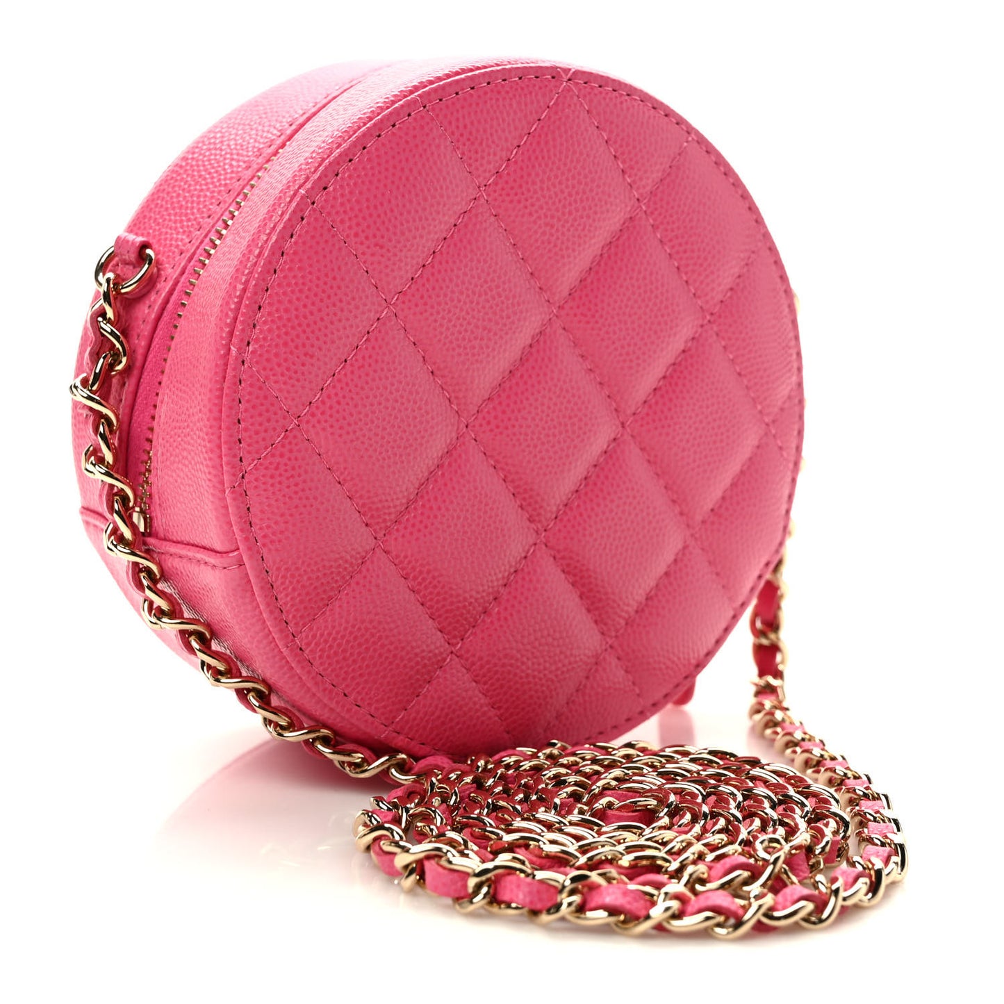 Caviar Quilted Round Clutch With Chain Pink