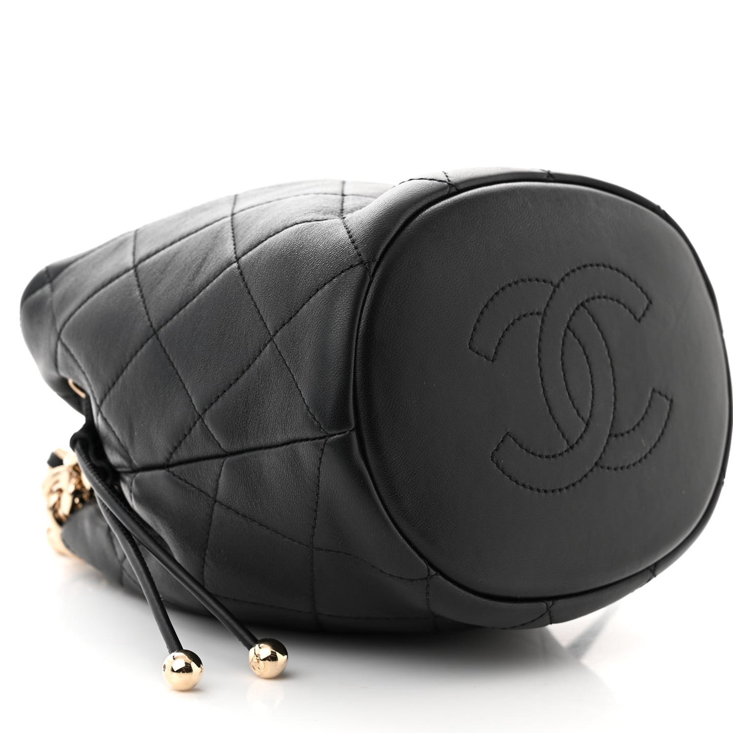 Shiny Lambskin Quilted Chain Is More Drawstring Bag Black
