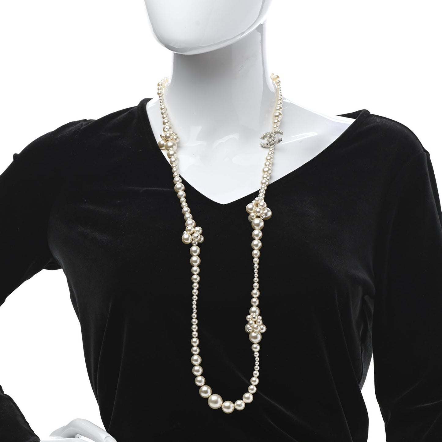Pearl Cluster CC Long Necklace Silver