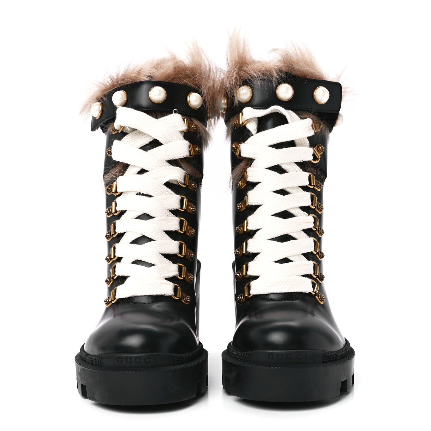 Magnum Calfskin Fur Pearl Lace Up Combat Ankle Boots 37.5 Black Naturale
