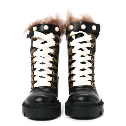Gucci Magnum Calfskin Fur Pearl Lace Up Combat Ankle Boots 37.5 Black Naturale 2 of 7