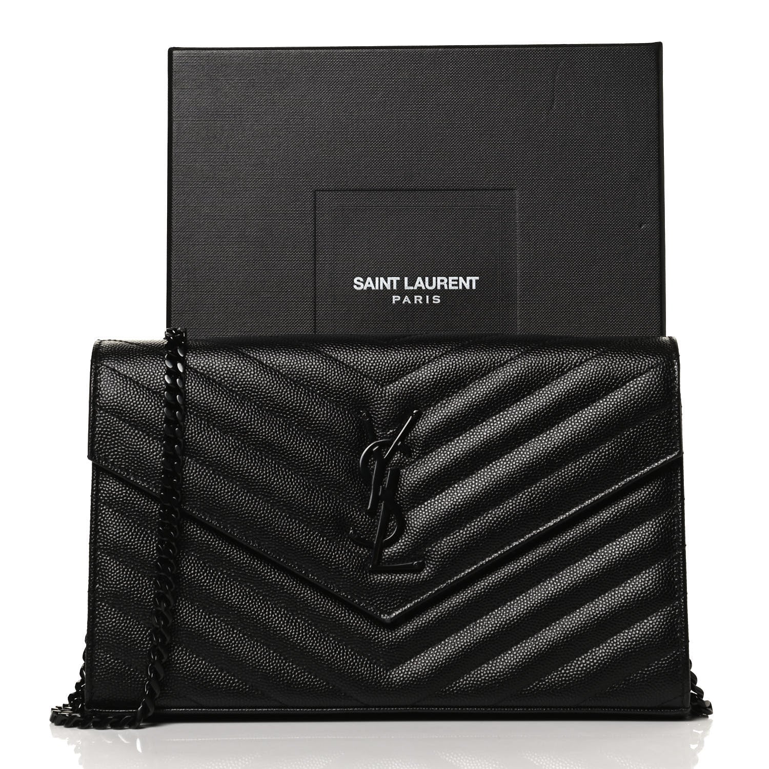 Saint Laurent Grain De Poudre Matelasse Chevron Monogram Chain Wallet Black 13 of 13