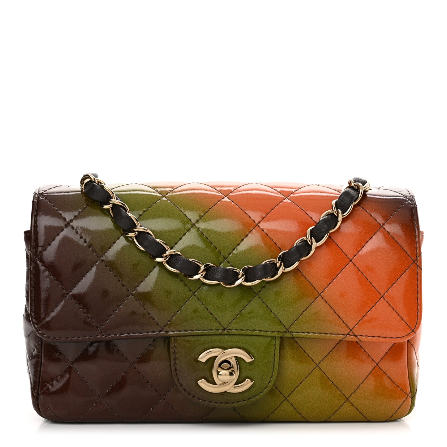 Shaded Patent Calfskin Quilted Mini Rectangular Flap Green Orange Dark Brown