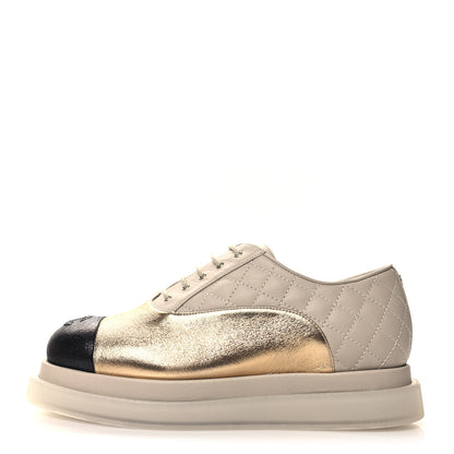 Chanel Metallic Lambskin Platform Sneakers 36 Beige Black Gold 1 of 8