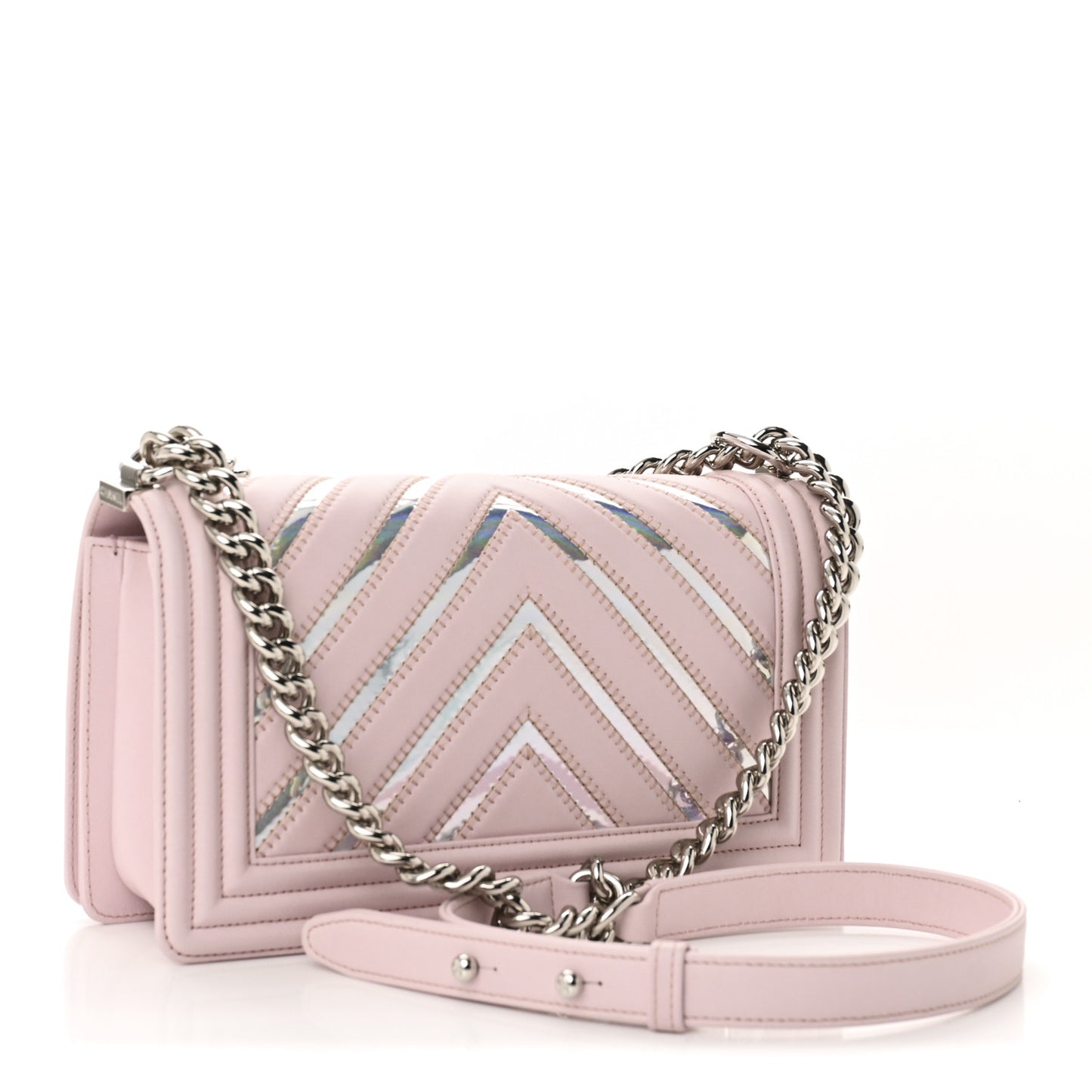 Lambskin Iridescent PVC Chevron Quilted Medium Boy Flap Pink Silver