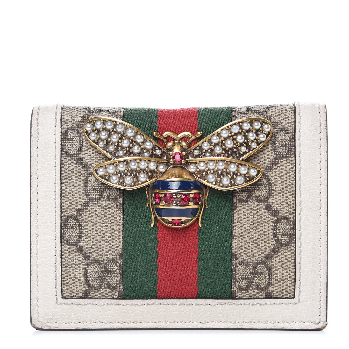 GG Supreme Monogram Web Queen Margaret Card Case Wallet Beige Mystic White