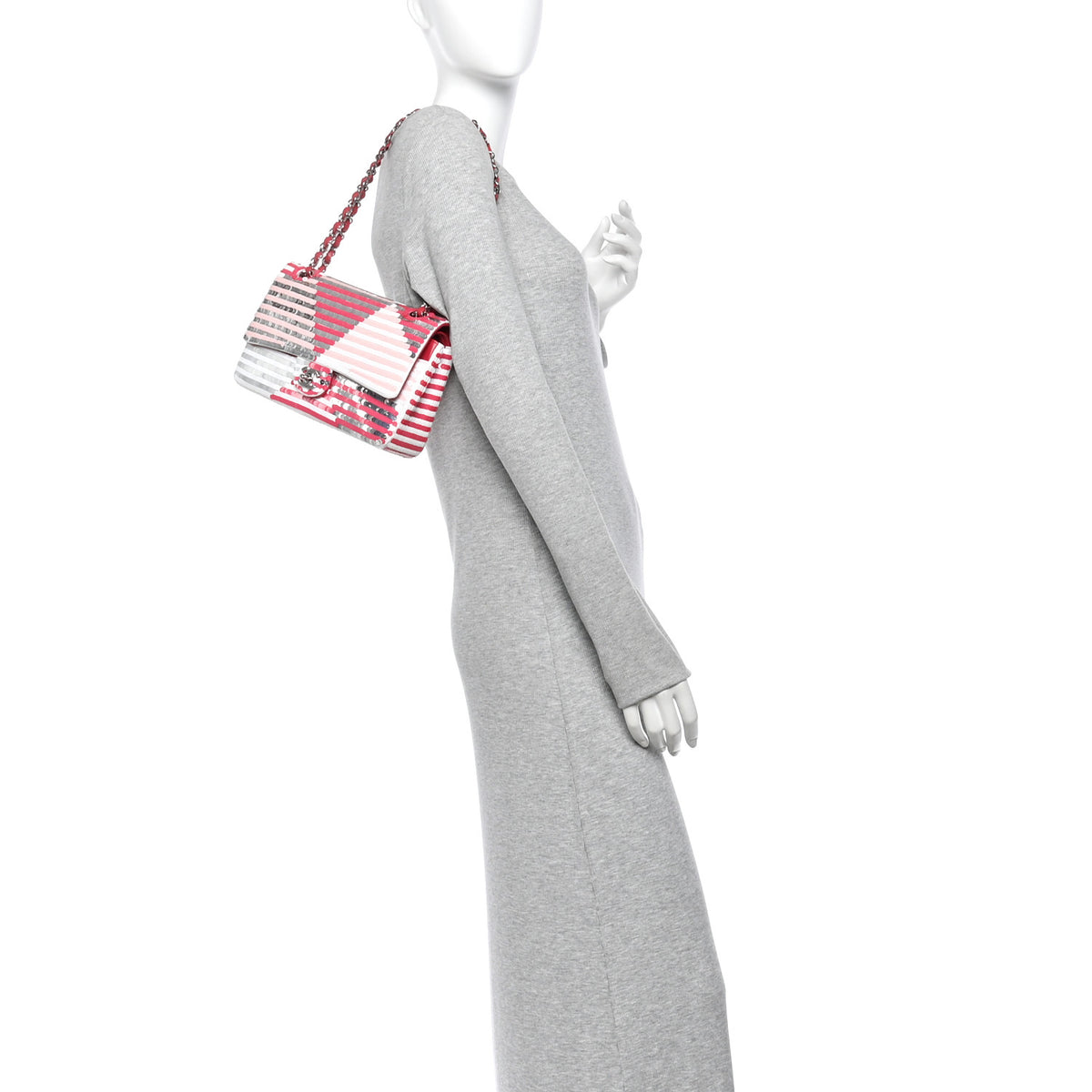 Sequin Mesh Lambskin Medium Double Flap Mulitcolor Pink Grey White