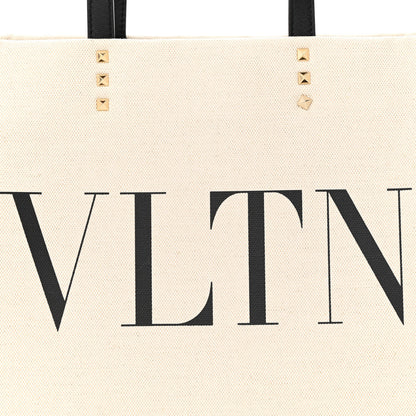 Valentino Garavani Canvas Calfskin VLTN Print Small Rockstud Tote Naturale Black 7 of 11